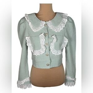 Galeria Chic Green Cropped Gingham Lace Trimmed Women's Top